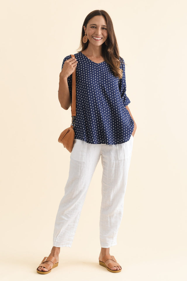 Riveria Navy Dash V Neck Top,Brunette model,alt text|model:Cara image 3