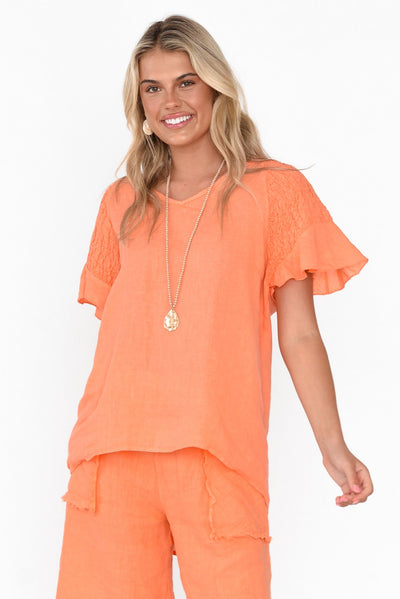 Rivia Orange Linen Blend Top neckline_V Neck  alt text|model:Imogen;wearing:S