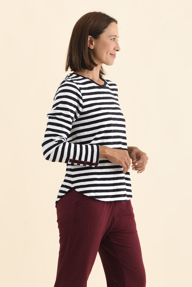 Riviera Navy Stripe Cotton Long Sleeve Tee,Brunette model,alt text|model:Cara image 4