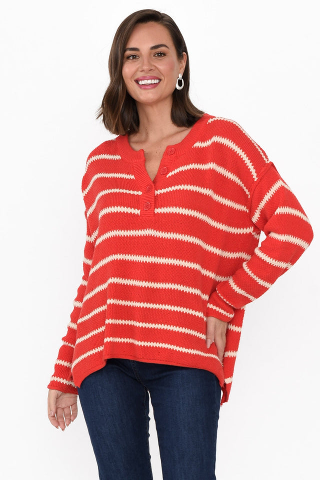 Rizzo Red Stripe Knit Jumper henley neckline_V Neck hem_Straight print_Stripe sleeve_Long colour_Red JUMPERS   alt text|model:
MJ