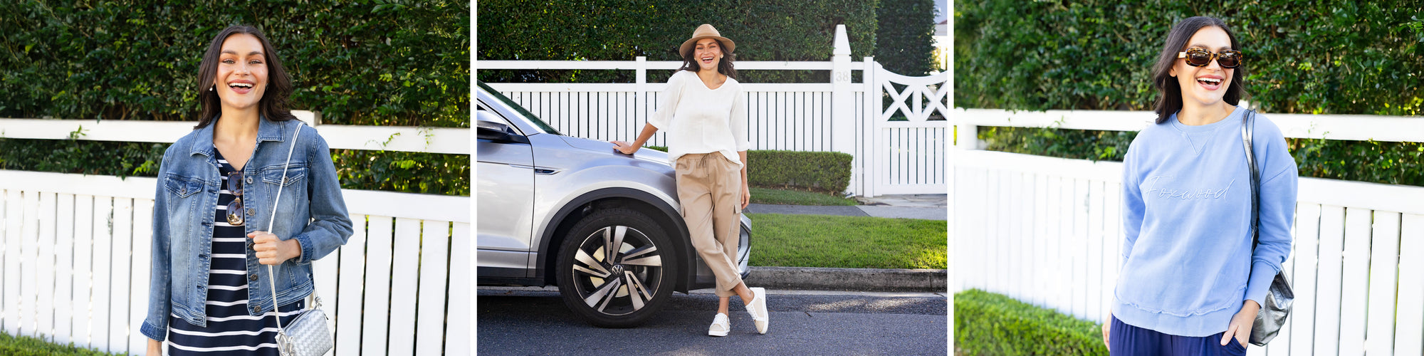Brunette model in three mature woman road trip outfits