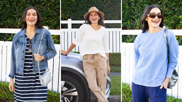 Brunette model in three mature woman road trip outfits