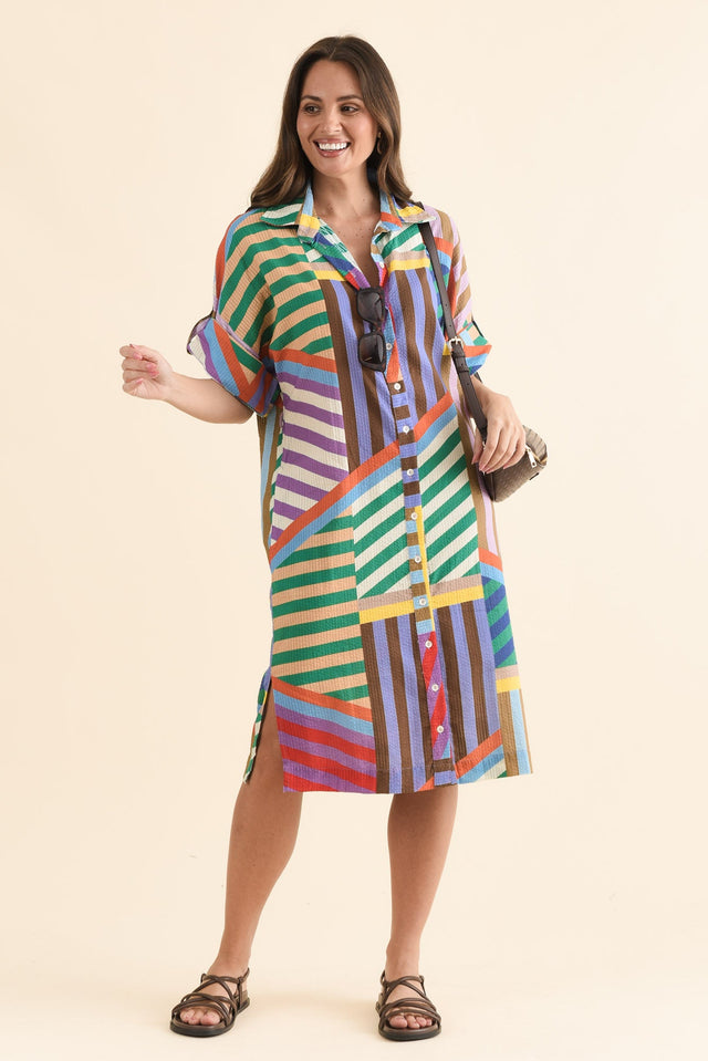 Robin Pink Stripe Cotton Shirt Dress,Front,Brunette model,alt text|model:MJ image 1