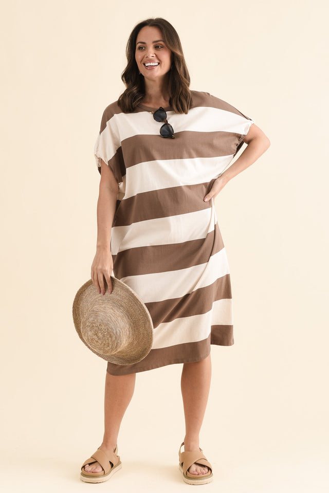 Rocco Chocolate Stripe Cotton Pocket Dress,Front,Brunette model,alt text|model:MJ