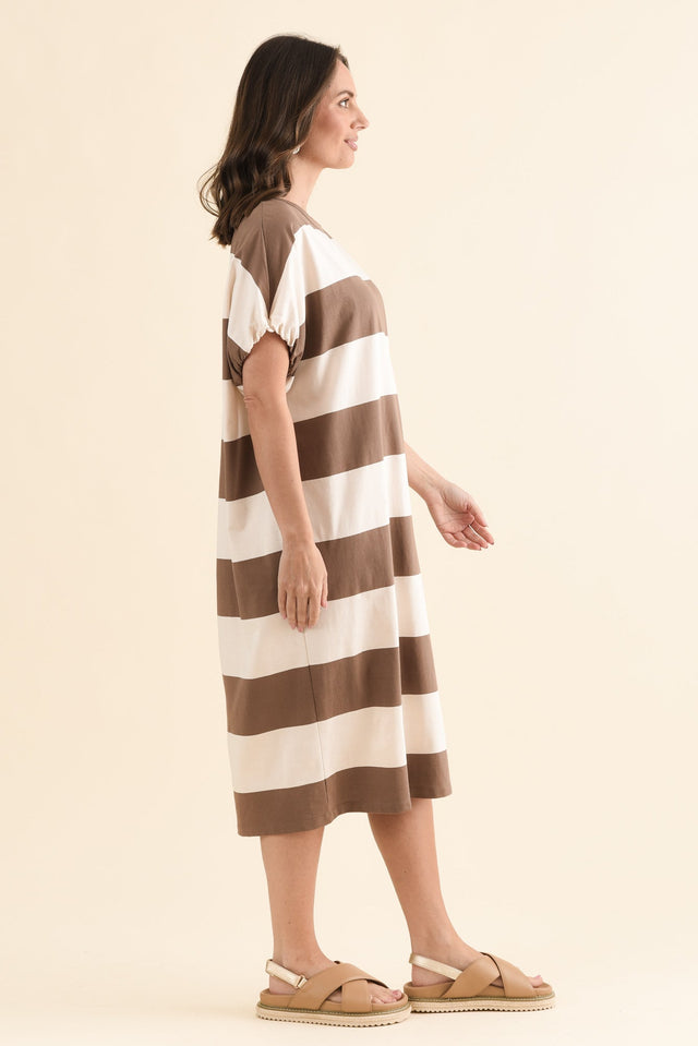 Rocco Chocolate Stripe Cotton Pocket Dress,Side,Brunette model,alt text|model:MJ image 3