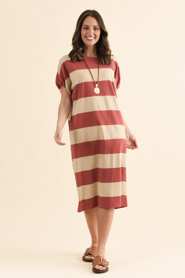 Rocco Coral Stripe Cotton Pocket Dress,Full Body,Brunette model,alt text|model:MJ