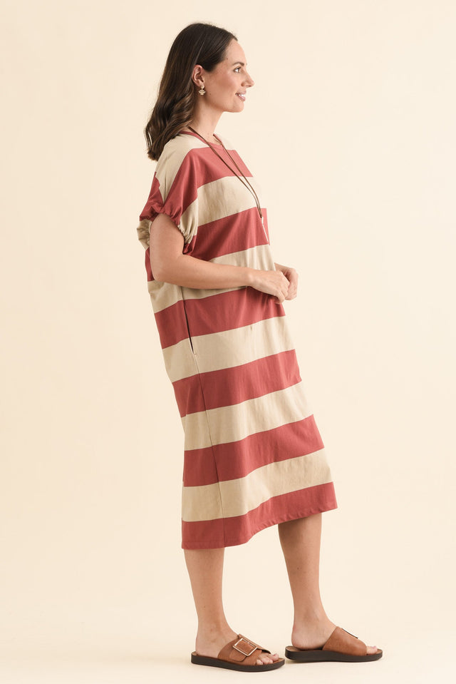 Rocco Coral Stripe Cotton Pocket Dress,Side,Brunette model,alt text|model:MJ image 3