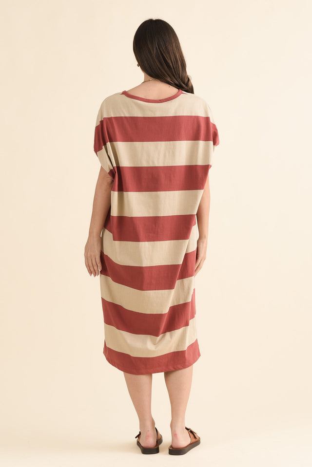 Rocco Coral Stripe Cotton Pocket Dress,Back,Brunette model,alt text|model:MJ image 4