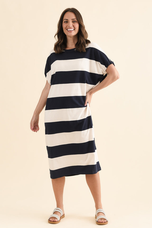 Rocco Navy Stripe Cotton Pocket Dress,Full Body,Brunette model,alt text|model:MJ
