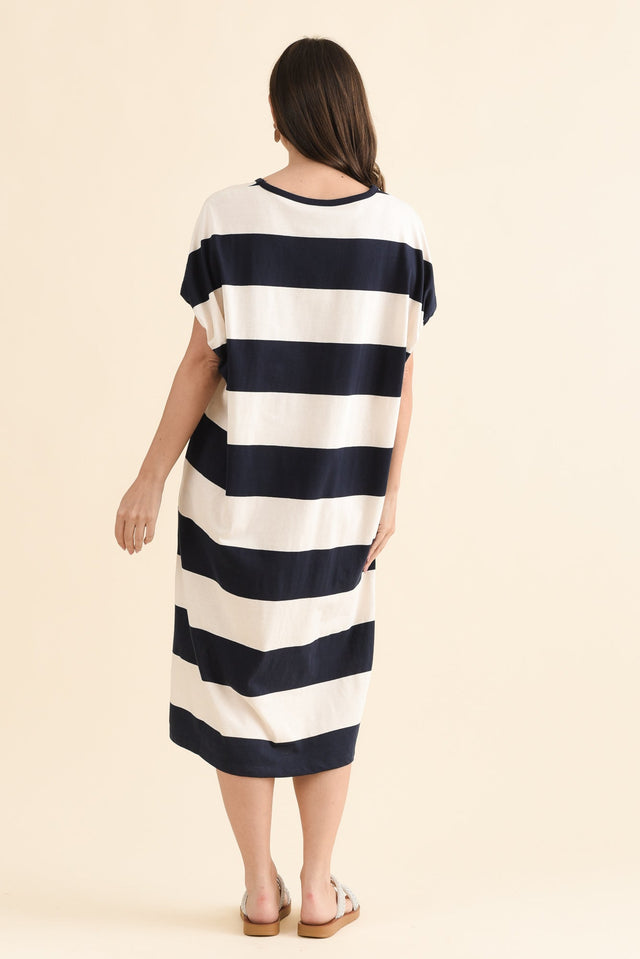 Rocco Navy Stripe Cotton Pocket Dress,Back,Brunette model,alt text|model:MJ image 4