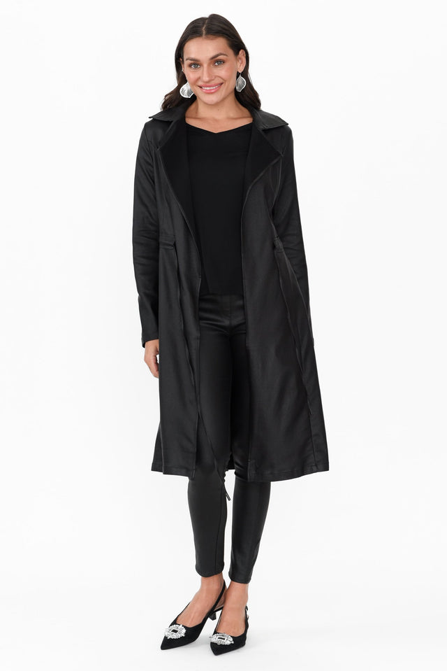 Rois Black Faux Leather Trench Coat print_Plain length_Long sleeve_Long hem_Straight sleevetype_Straight colour_Black COATS & JACKETS  alt text|model:Brontie;wearing:S