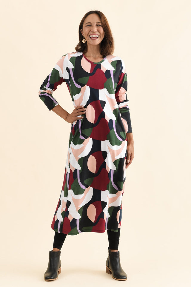 Ronja Red Abstract Cotton Pocket Dress,Full Body,Brunette model,alt text|model:Cara image 8