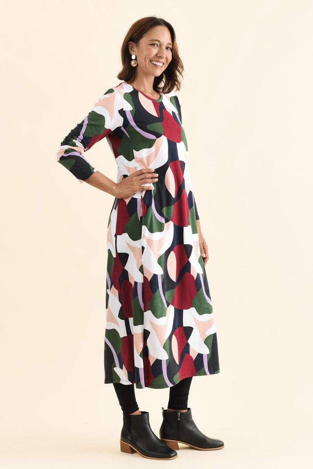Ronja Red Abstract Cotton Pocket Dress,Side,Brunette model,alt text|model:Cara image 5