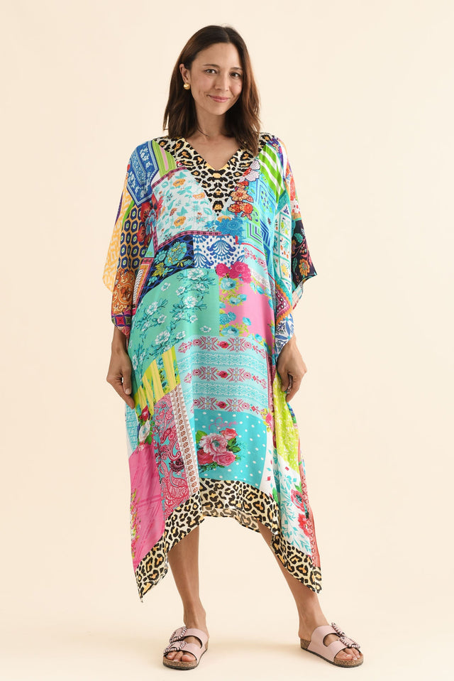 Rosanne Green Mosaic Kaftan,Front,Brunette model,alt text|model:Cara image 1