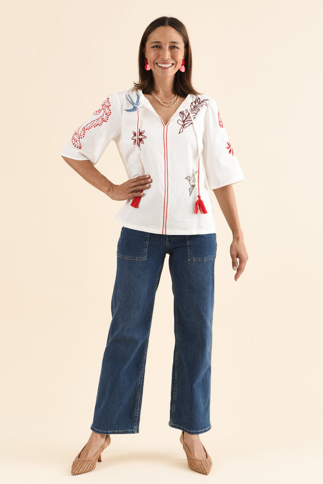 Rosetta White Garden Cotton Embroidered Top,Full Body,Brunette model,alt text|model:Cara image 6