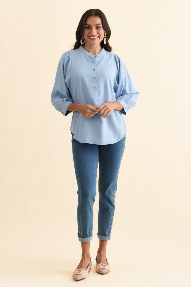 Rowan Blue Lyocell Puff Sleeve Shirt,Brunette model,alt text|model:Brontie image 7