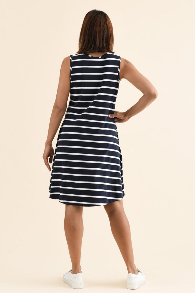 Roxanne Indigo Stripe Swing Dress,Back,Brunette model,alt text|model:Cara image 5
