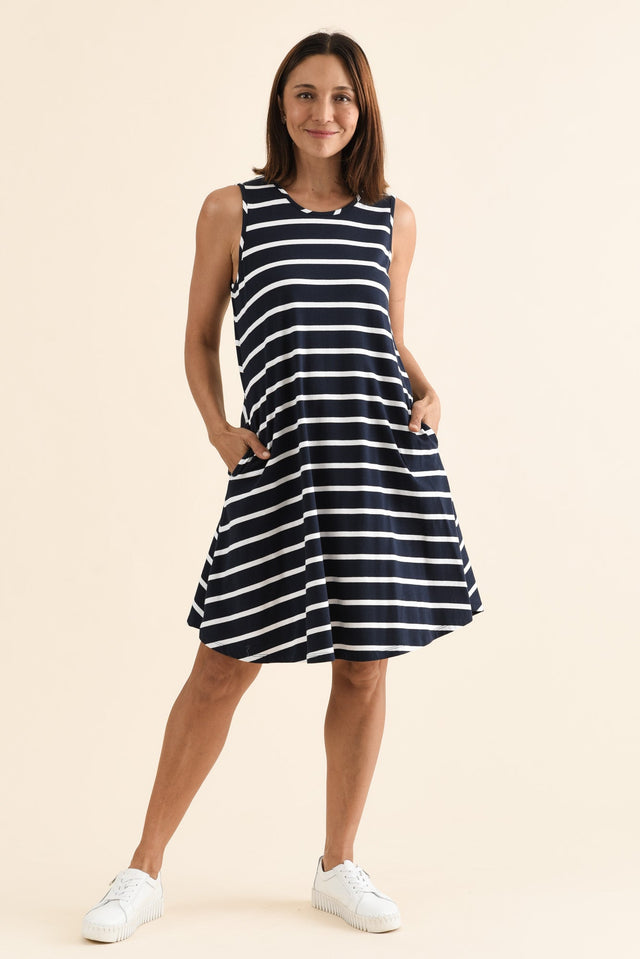 Roxanne Indigo Stripe Swing Dress,Full Body,Brunette model,alt text|model:Cara image 3