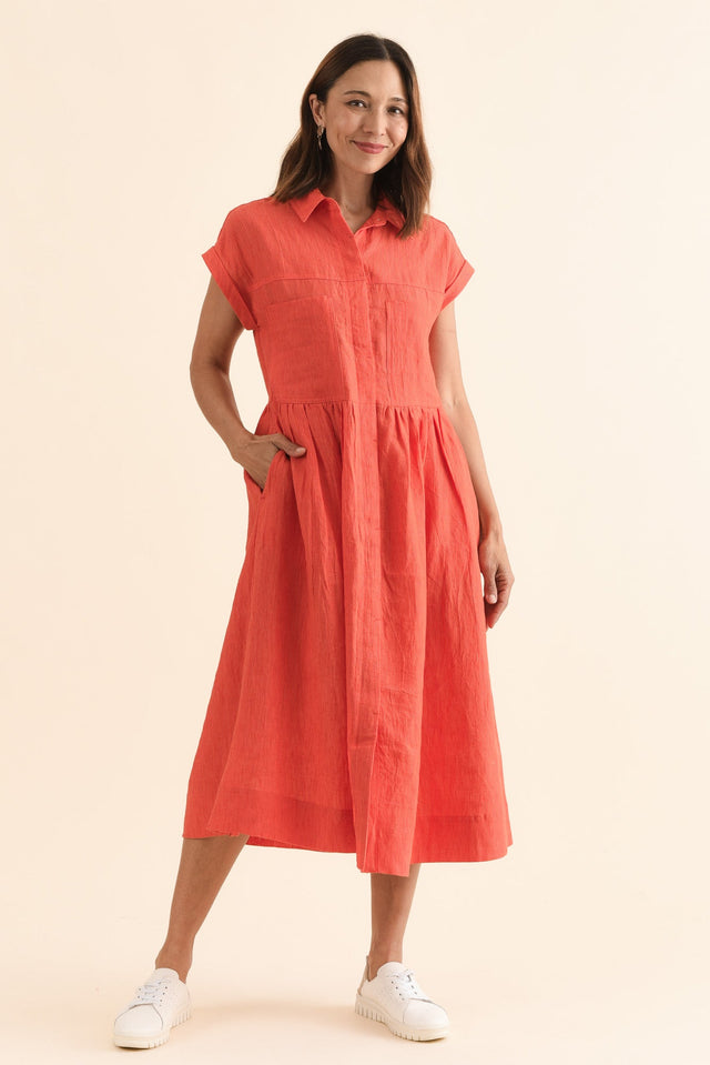 Ruben Orange Stripe Linen Shirt Dress,Full Body,Brunette model,alt text|model:Cara image 6