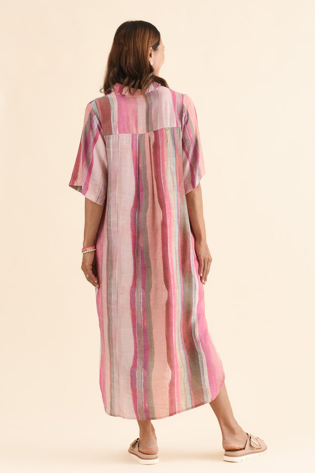 Ruby Pink Stripe Collared Dress,Back,Brunette model,alt text|model:Cara image 4
