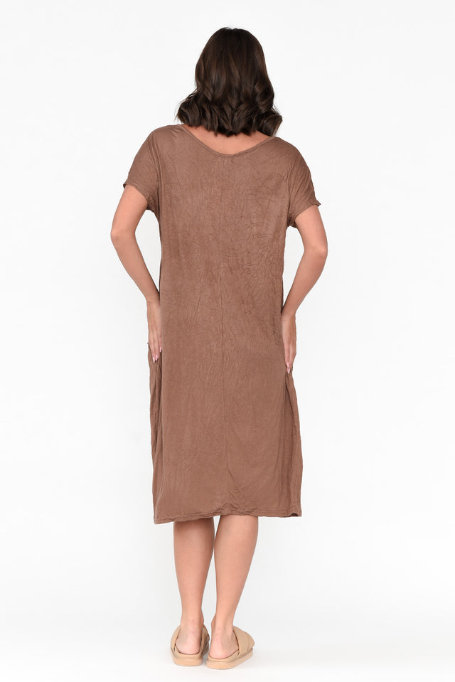 Brown Pocket Crinkle Cotton Midi Dress
