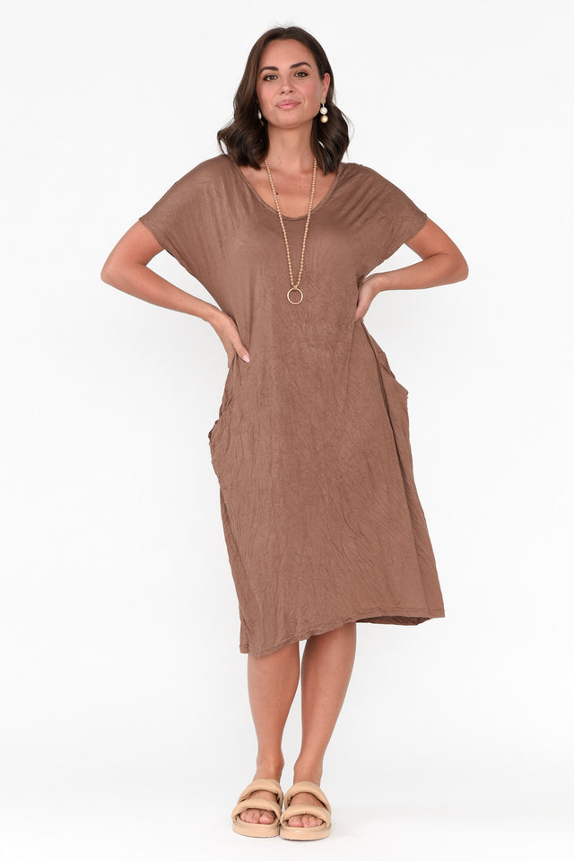 Brown Pocket Crinkle Cotton Midi Dress