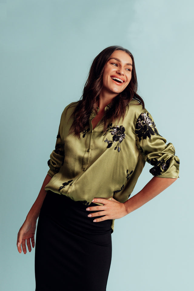 Sabelle Khaki Flower Sequin Shirt