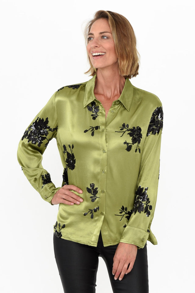 Sabelle Khaki Flower Sequin Shirt neckline_V Neck  alt text|model:Riina;wearing:AU 8 / US 4