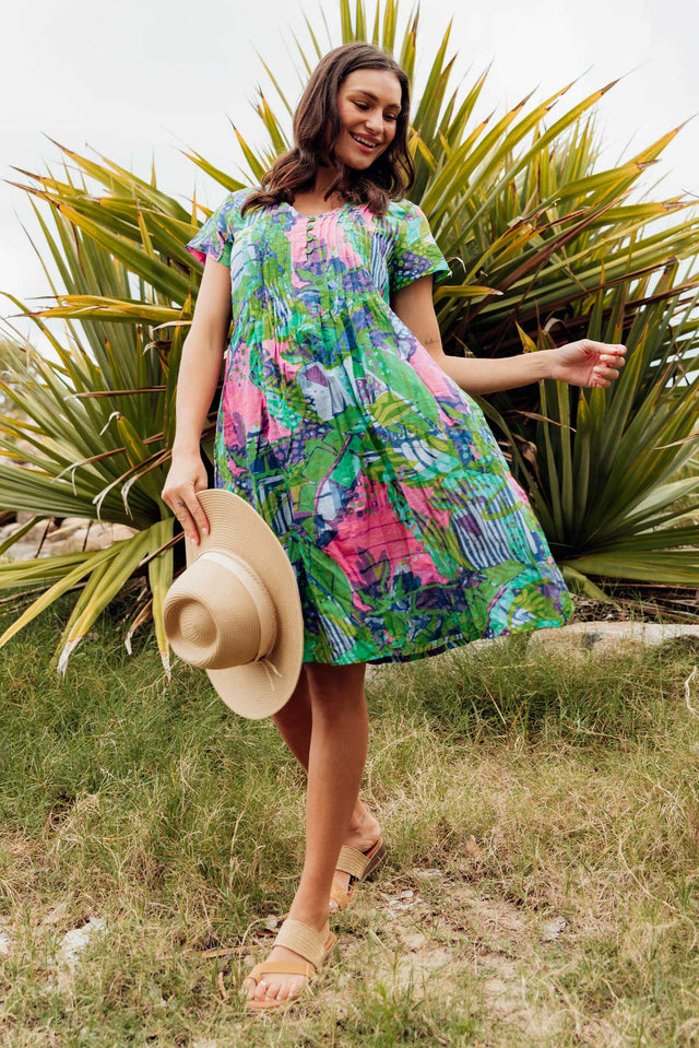 Sabina Turquoise Leaf Crinkle Cotton Dress