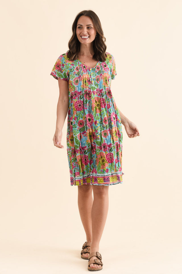 Sabina Blue Garden Crinkle Cotton Dress,Full Body,Brunette model,alt text|model:MJ image 7