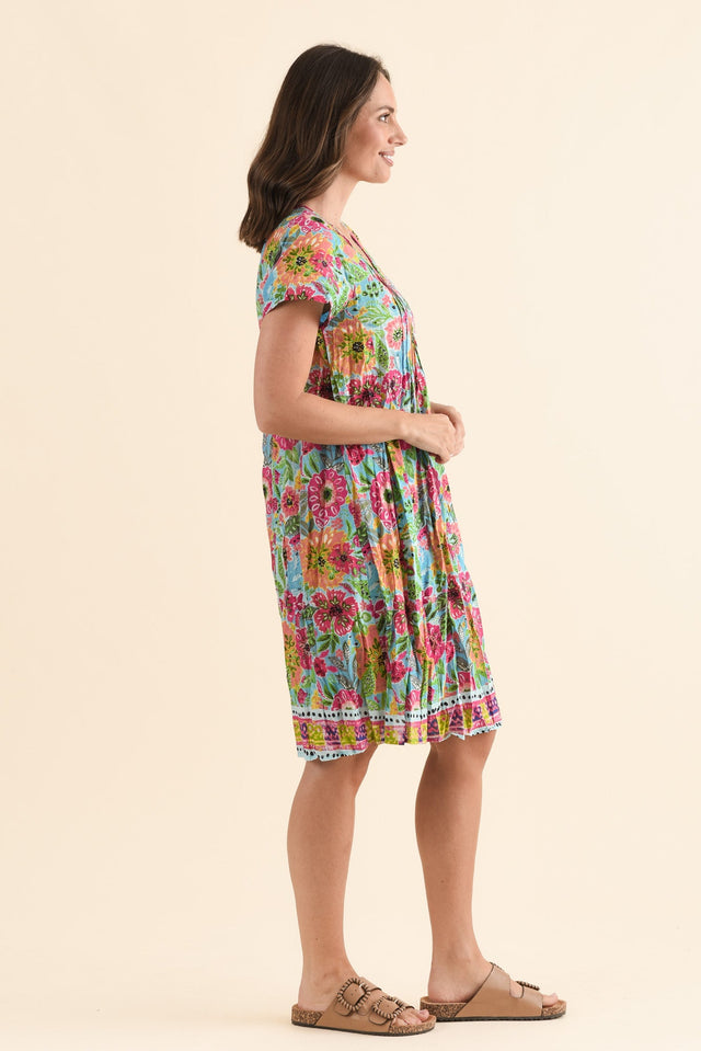 Sabina Blue Garden Crinkle Cotton Dress,Side,Brunette model,alt text|model:MJ image 4