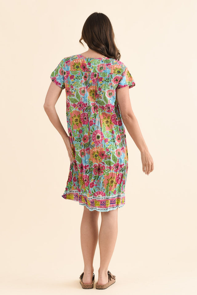 Sabina Blue Garden Crinkle Cotton Dress,Back,Brunette model,alt text|model:MJ image 5