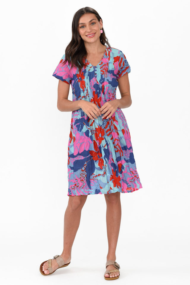 Sabina Blue Tropical Crinkle Cotton Dress hem_Straight length_Above Knee sleeve_Short neckline_V Neck sleevetype_Straight print_Abstract colour_Blue DRESSES   alt text|model:Brontie;wearing:8