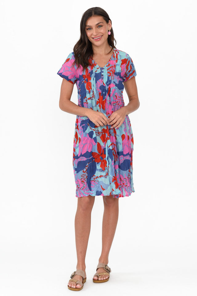 Sabina Blue Tropical Crinkle Cotton Dress