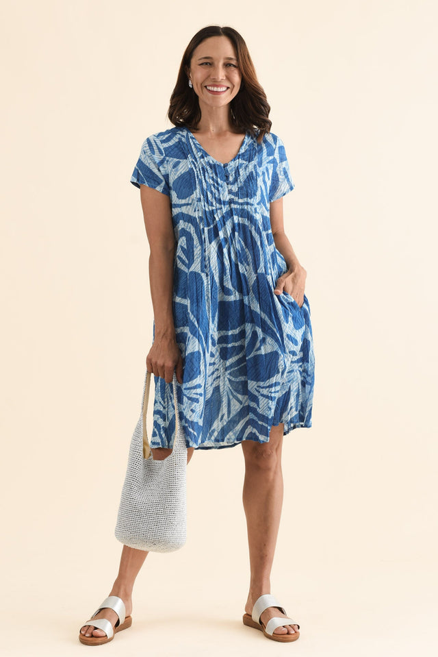 Sabina Cobalt Abstract Crinkle Cotton Dress,Front,Brunette model,alt text|model:Cara