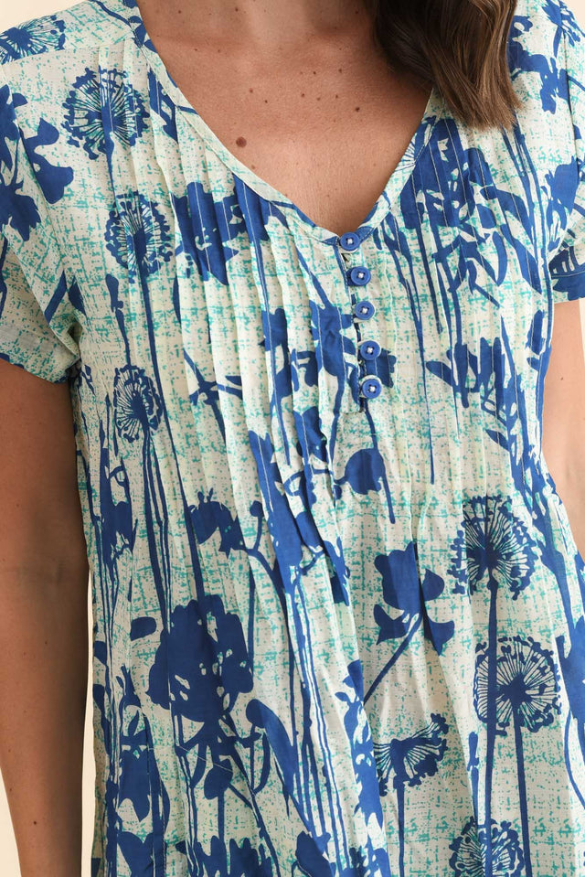 Sabina Cobalt Dandelion Crinkle Cotton Dress,Brunette model,alt text|model:MJ image 6