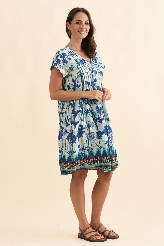 Sabina Cobalt Dandelion Crinkle Cotton Dress,Brunette model,alt text|model:MJ image 4