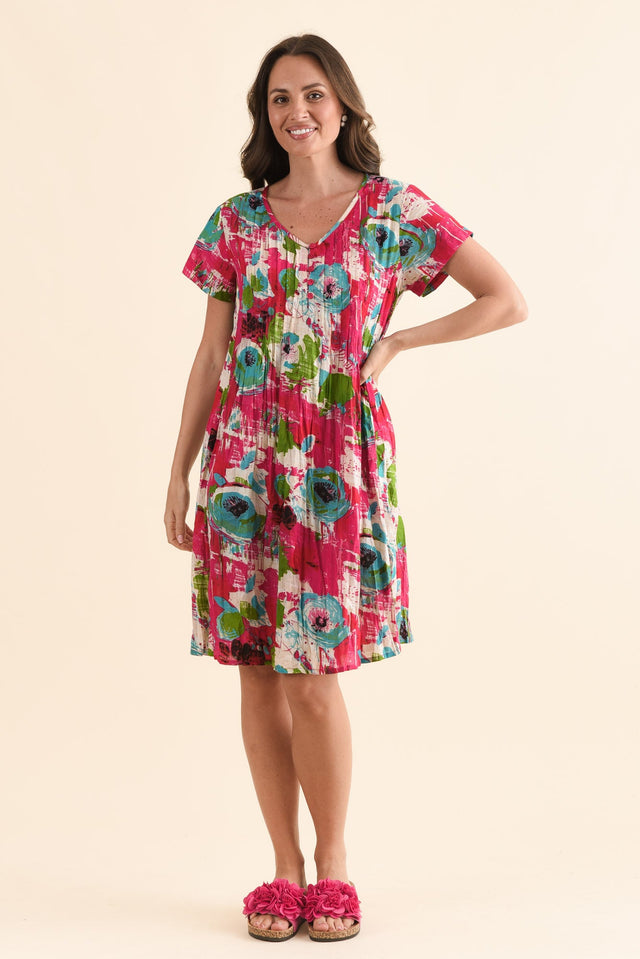 Sabina Fuchsia Flower Crinkle Cotton Dress,Front,Brunette model,alt text|model:MJ