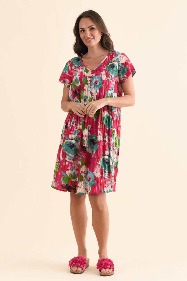 Sabina Fuchsia Flower Crinkle Cotton Dress,Full Body,Brunette model,alt text|model:MJ image 7