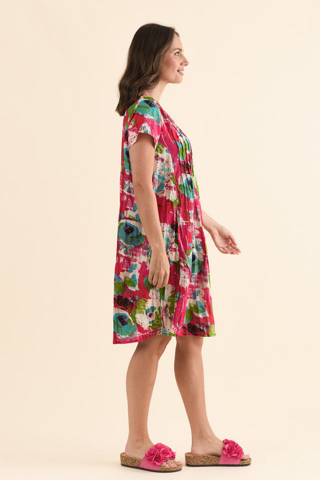 Sabina Fuchsia Flower Crinkle Cotton Dress,Side,Brunette model,alt text|model:MJ image 4