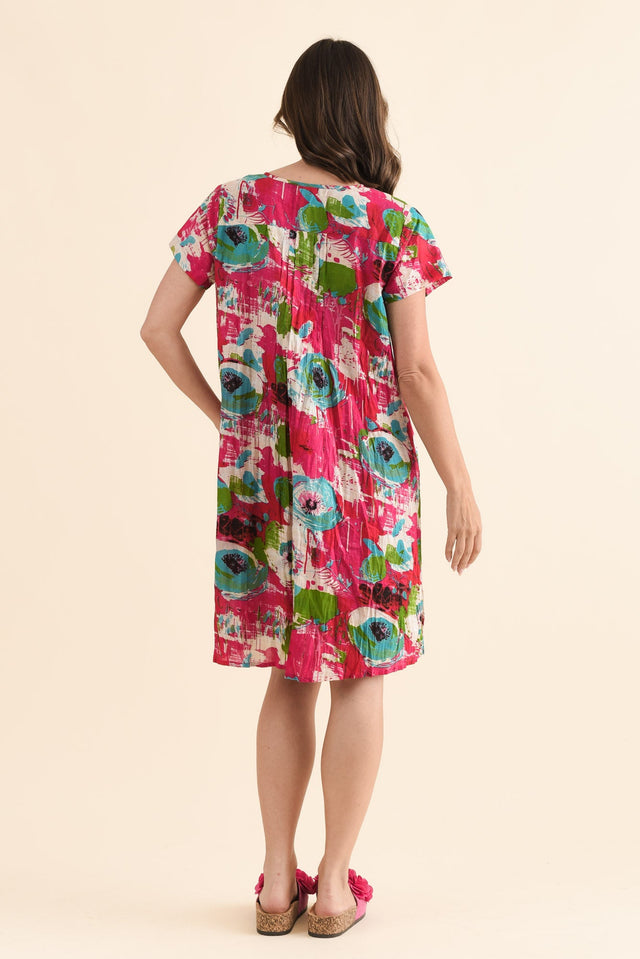 Sabina Fuchsia Flower Crinkle Cotton Dress,Back,Brunette model,alt text|model:MJ image 5