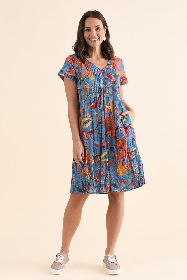 Sabina Orange Leaf Crinkle Cotton Dress,Full Body,Brunette model,alt text|model:MJ image 6