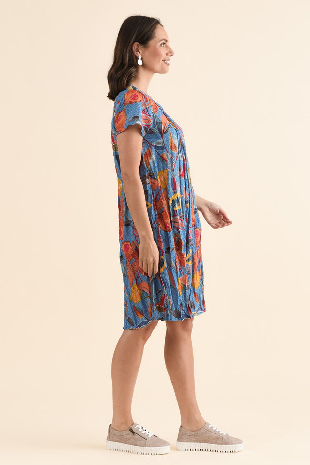 Sabina Orange Leaf Crinkle Cotton Dress,Side,Brunette model,alt text|model:MJ image 3