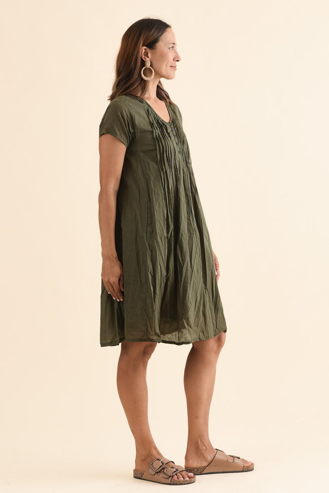 Sabina Sage Crinkle Cotton Dress,Side,Brunette model,alt text|model:Cara image 5