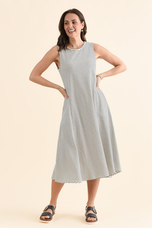 Sabrina Navy Stripe Cotton Pocket Dress,Full Body,Brunette model,alt text|model:MJ image 7