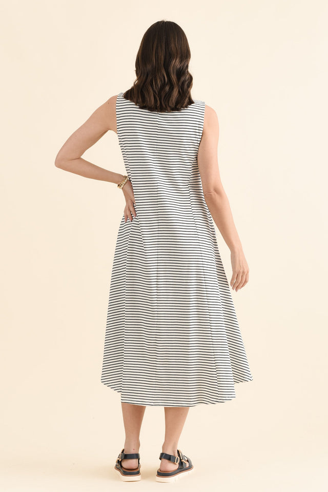 Sabrina Navy Stripe Cotton Pocket Dress,Back,Brunette model,alt text|model:MJ image 5