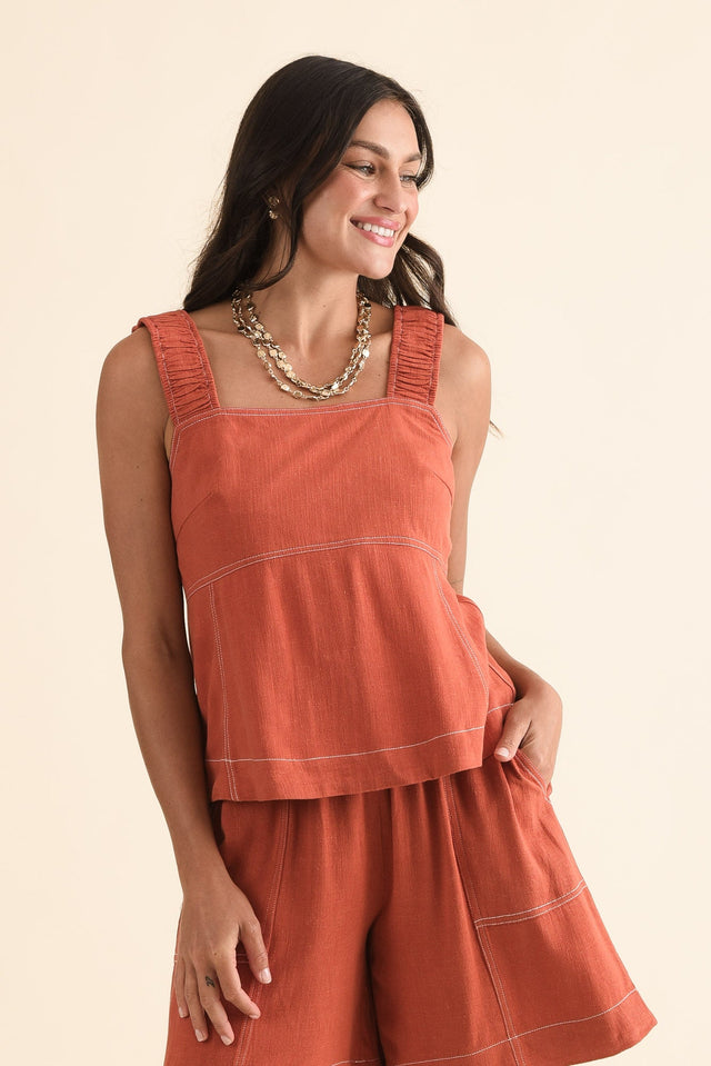 Sage Orange Contrast Top,Front,Brunette model,alt text|model:Brontie