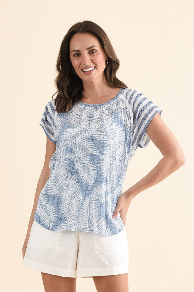 Sail Blue Palm Cotton Blend Tee,Front,Brunette model,alt text|model:MJ