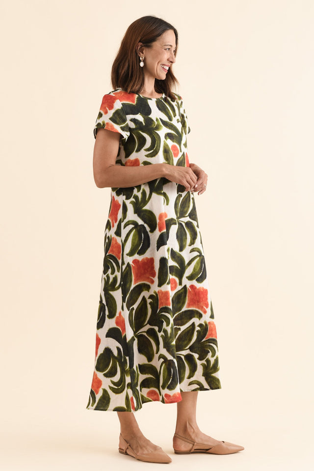 Salute Orange Flower Linen Dress,Side,Brunette model,alt text|model:Cara image 3