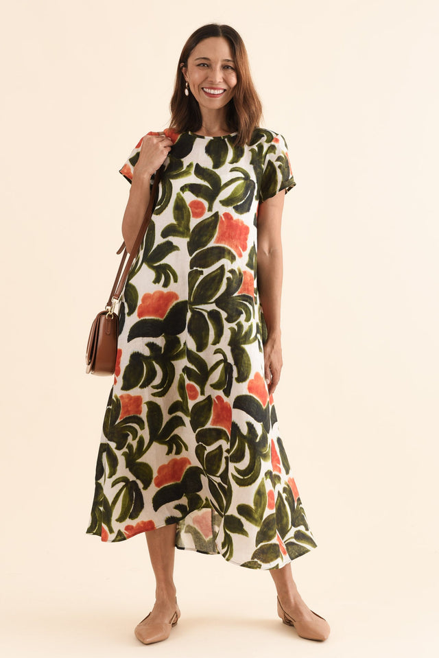 Salute Orange Flower Linen Dress,Front,Brunette model,alt text|model:Cara image 1